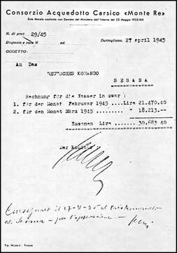 Zadnji račun, ki ga je konzorcij Kraškega vodovoda Nanos izstavil nemški vojaški komandi Sežana.